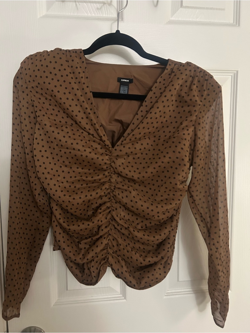 Express Brown Polka Dot Ruched Long-Sleeve V-Neck Top